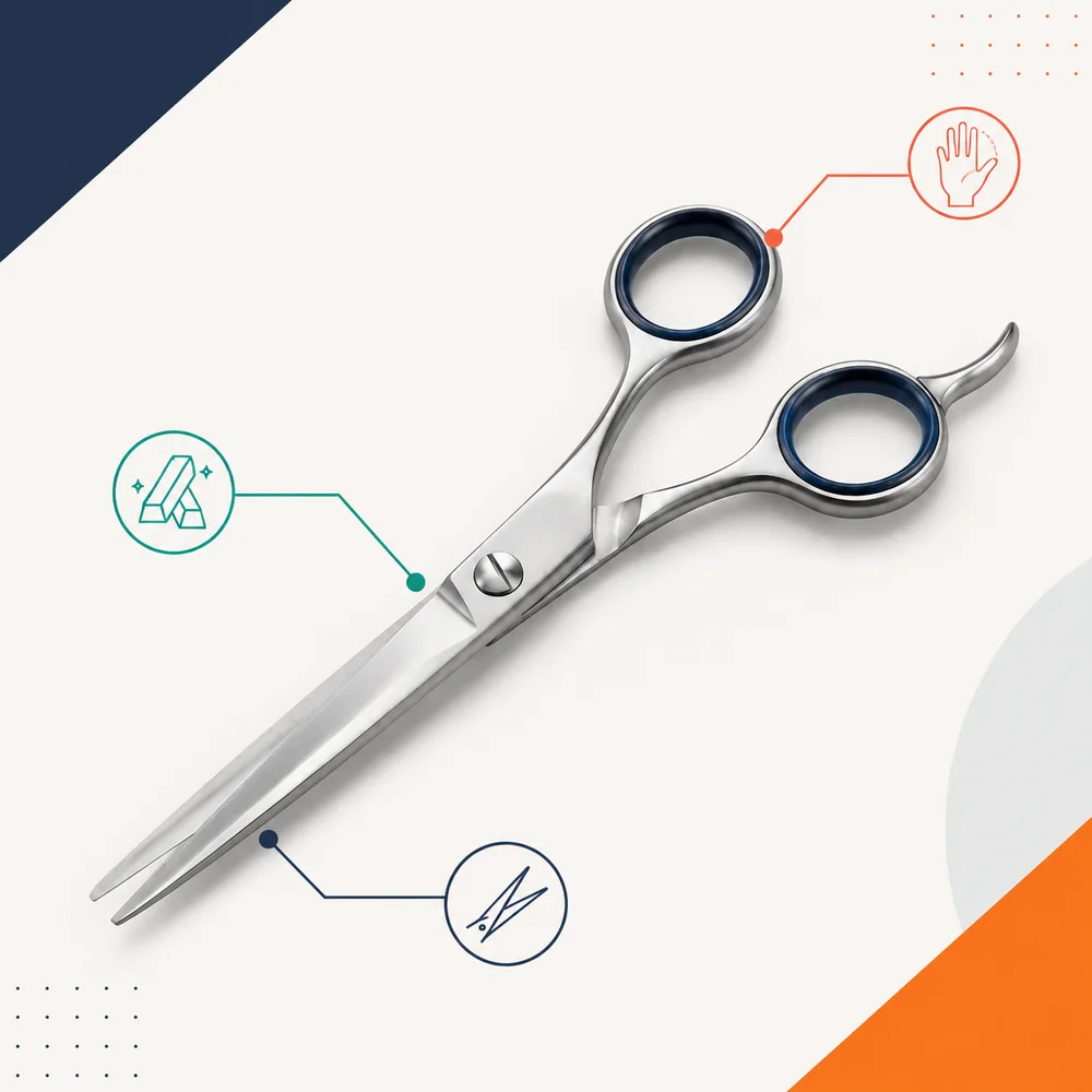 Generated product infographic concept showing the same barber scissors with three visual callouts