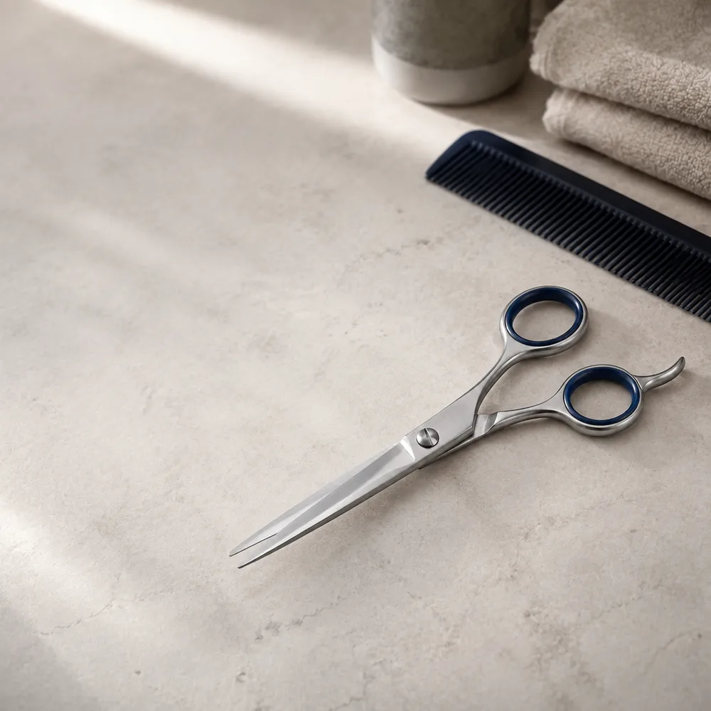 Generated demo lifestyle image of barber scissors on a neutral salon workstation
